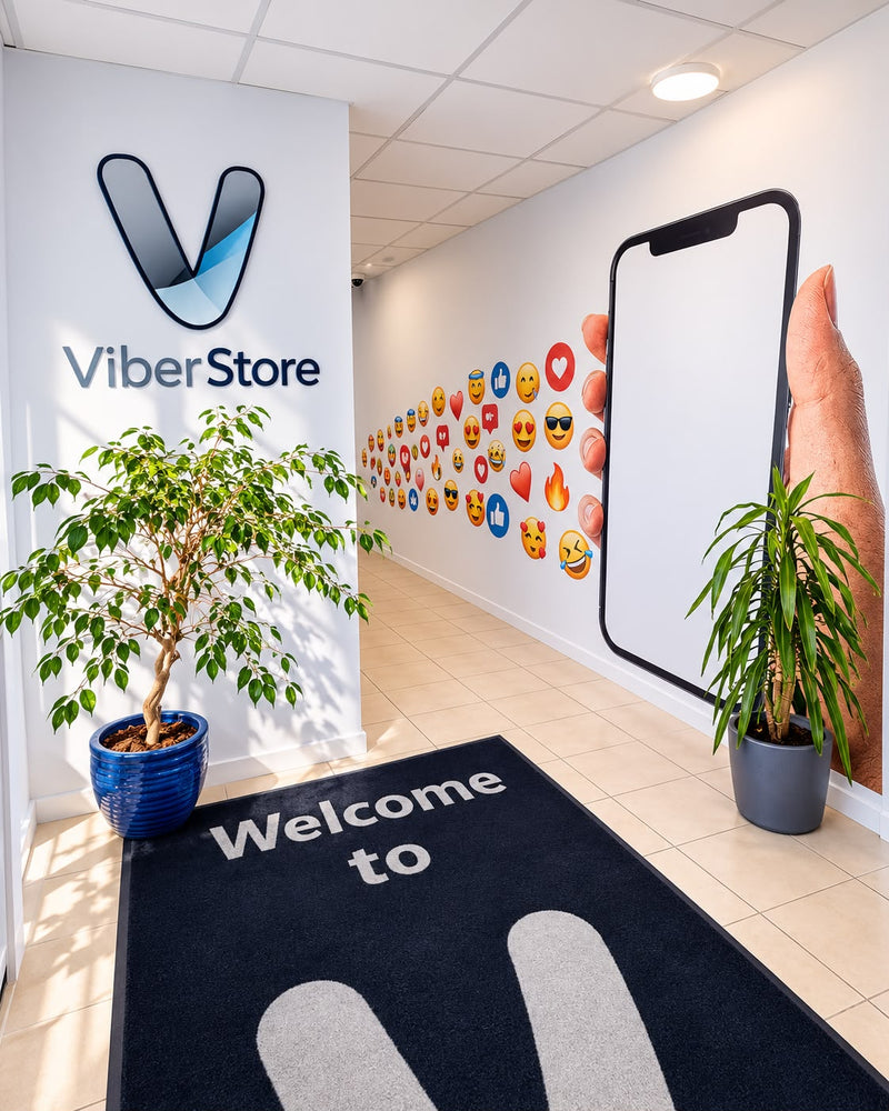 The ViberStore entrance with our logo and welcome mat
