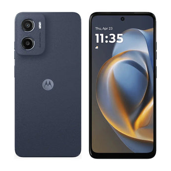 Refurbished Motorola Moto G05 in Denim Blue, shown from the back and front