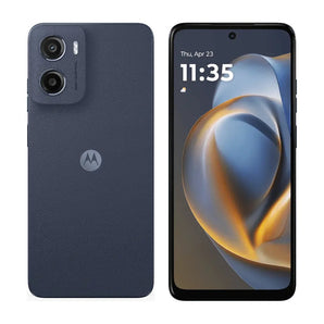 Refurbished Motorola Moto G05 in Denim Blue, shown from the back and front